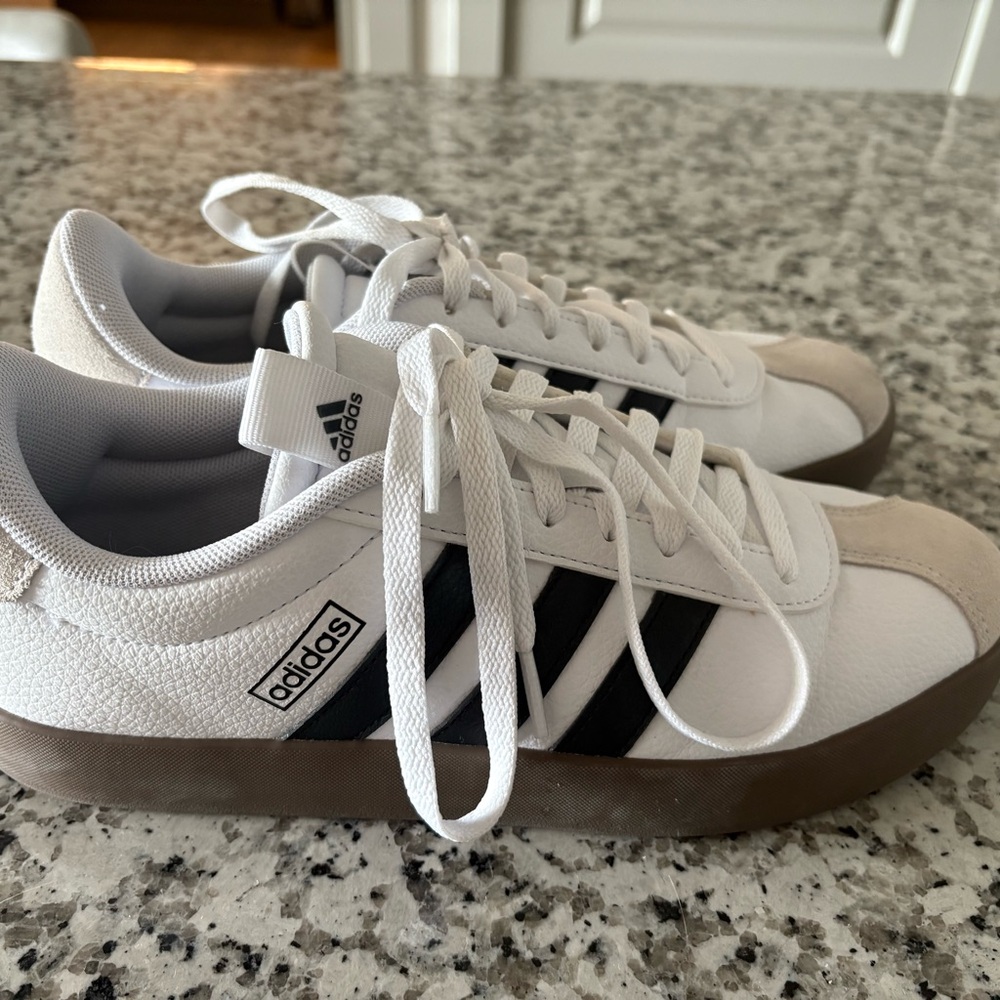 Adidas Men's White and Black Sneakers with Tan Sole